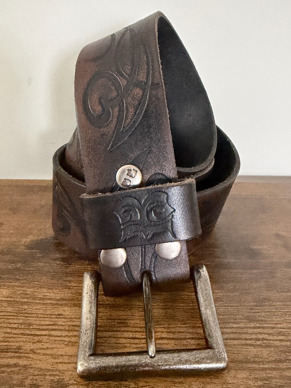 Bed Stu River Leather Belt Brown Tooled Distressed Buckle Size 34